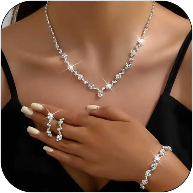 Elegant Prom Earrings Necklace Bracelet Set Wedding Jewelry Set for Women Bride Bridesmaid Crystal Necklace Earrings Bracelet Jewelry Sets for Women