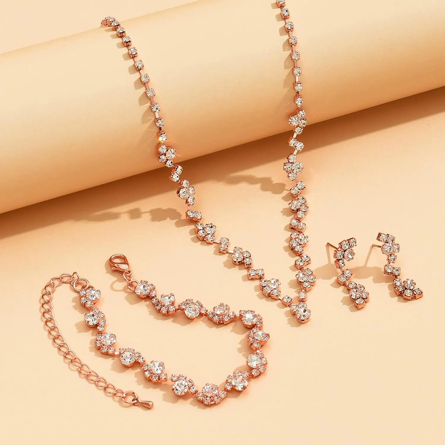 Elegant Prom Earrings Necklace Bracelet Set Wedding Jewelry Set for Women Bride Bridesmaid Crystal Necklace Earrings Bracelet Jewelry Sets for Women