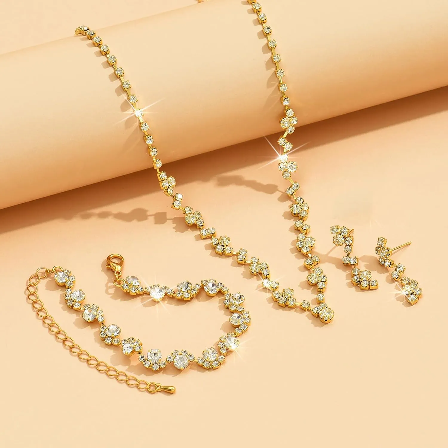 Elegant Prom Earrings Necklace Bracelet Set Wedding Jewelry Set for Women Bride Bridesmaid Crystal Necklace Earrings Bracelet Jewelry Sets for Women