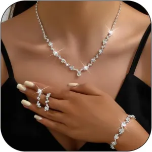 Elegant Prom Earrings Necklace Bracelet Set Wedding Jewelry Set for Women Bride Bridesmaid Crystal Necklace Earrings Bracelet Jewelry Sets for Women