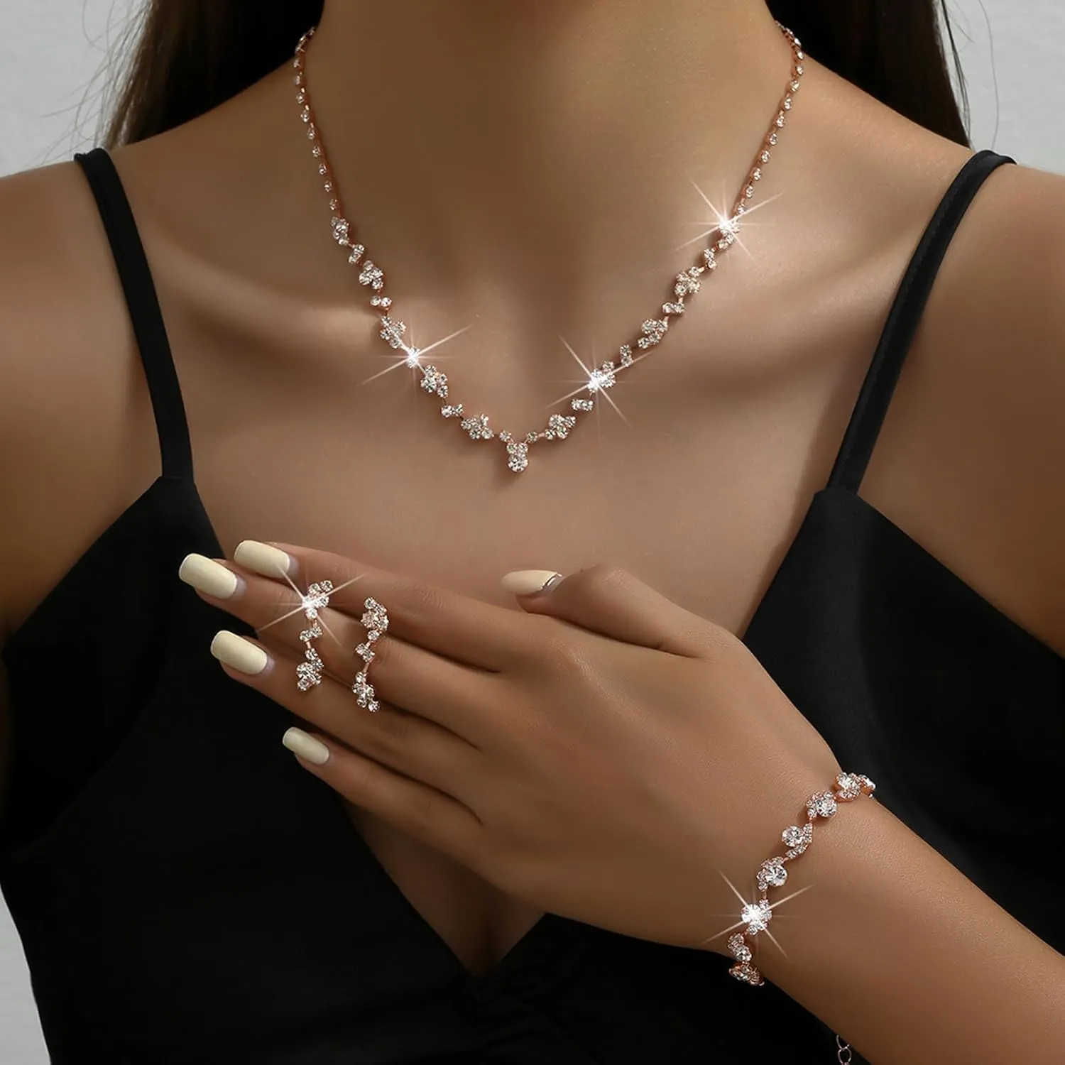 Elegant Prom Earrings Necklace Bracelet Set Wedding Jewelry Set for Women Bride Bridesmaid Crystal Necklace Earrings Bracelet Jewelry Sets for Women