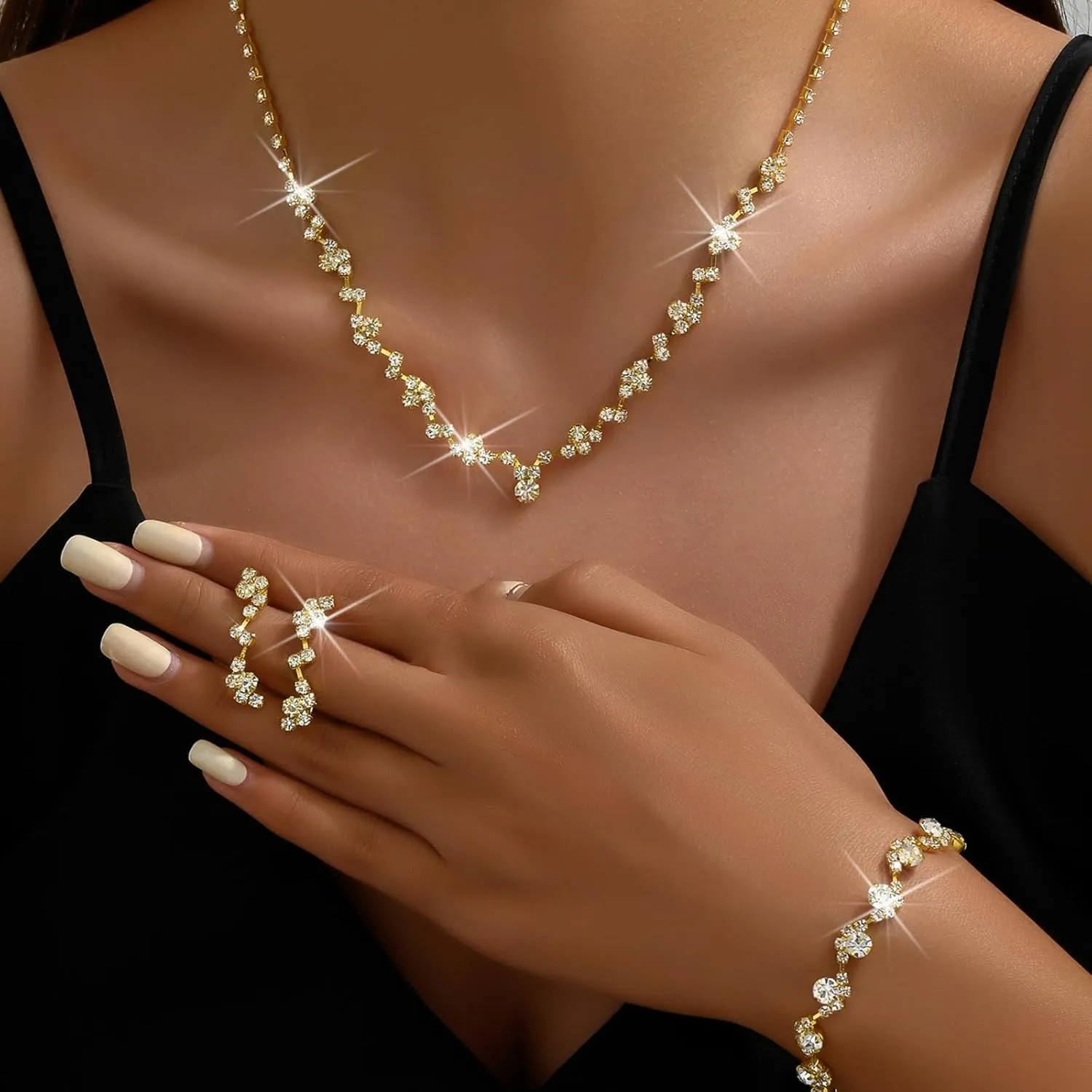 Elegant Prom Earrings Necklace Bracelet Set Wedding Jewelry Set for Women Bride Bridesmaid Crystal Necklace Earrings Bracelet Jewelry Sets for Women
