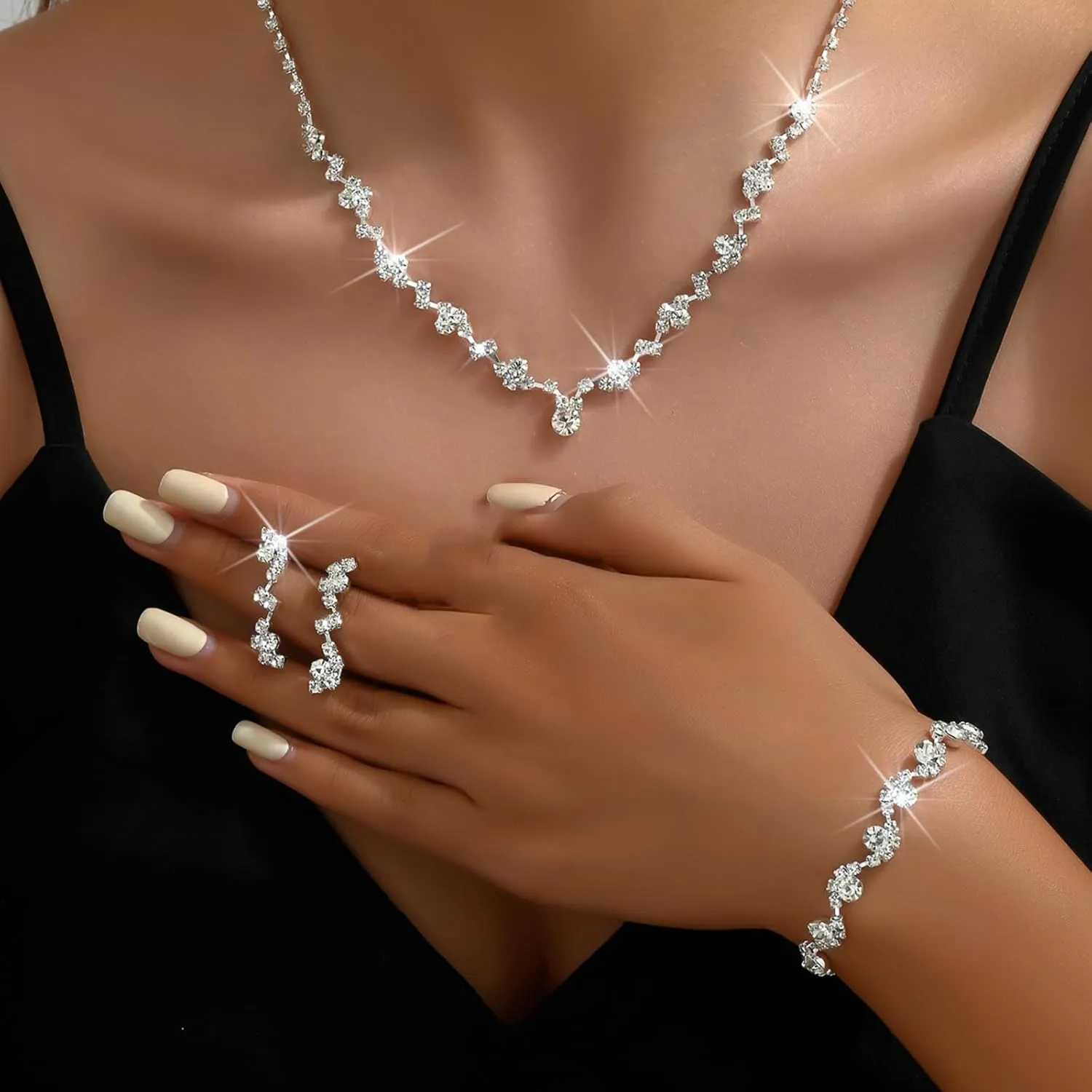 Elegant Prom Earrings Necklace Bracelet Set Wedding Jewelry Set for Women Bride Bridesmaid Crystal Necklace Earrings Bracelet Jewelry Sets for Women