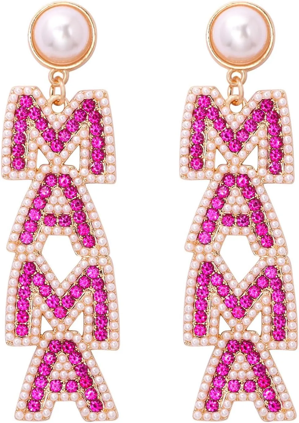 Elegant Shining Rhinestone Crystal Beaded MAMA Letter Drop Dangle Long Imitation Pearl Earrings Mother's Day Birthday Sweet Jewelry for Women Teens