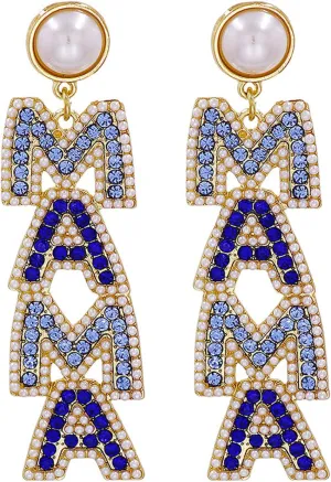 Elegant Shining Rhinestone Crystal Beaded MAMA Letter Drop Dangle Long Imitation Pearl Earrings Mother's Day Birthday Sweet Jewelry for Women Teens