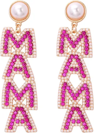 Elegant Shining Rhinestone Crystal Beaded MAMA Letter Drop Dangle Long Imitation Pearl Earrings Mother's Day Birthday Sweet Jewelry for Women Teens