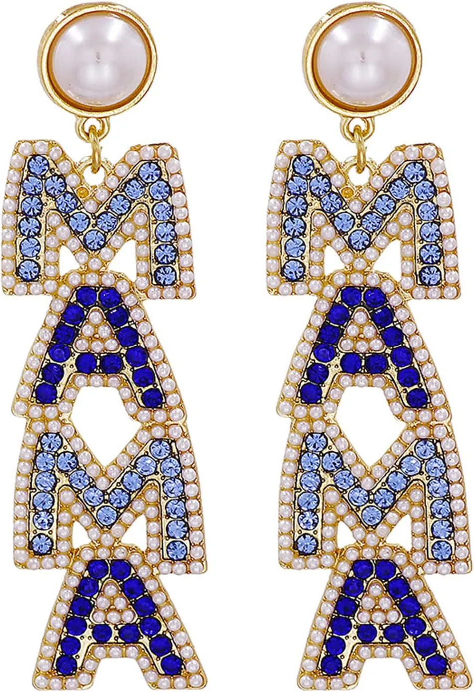 Elegant Shining Rhinestone Crystal Beaded MAMA Letter Drop Dangle Long Imitation Pearl Earrings Mother's Day Birthday Sweet Jewelry for Women Teens