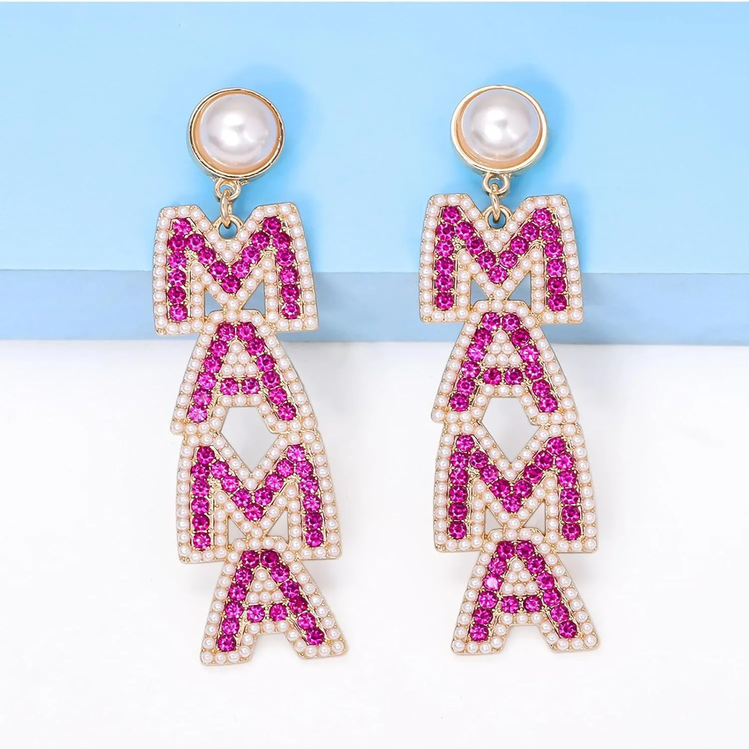 Elegant Shining Rhinestone Crystal Beaded MAMA Letter Drop Dangle Long Imitation Pearl Earrings Mother's Day Birthday Sweet Jewelry for Women Teens
