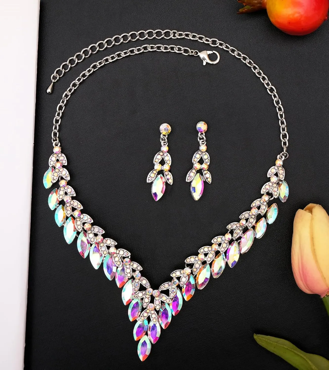 Elegant Statement Necklace Dangle Earrings Leaf Cluster Crystal Bridal Jewelry Set for Women Brides Wedding Party Prom Costume Accessory #NE001