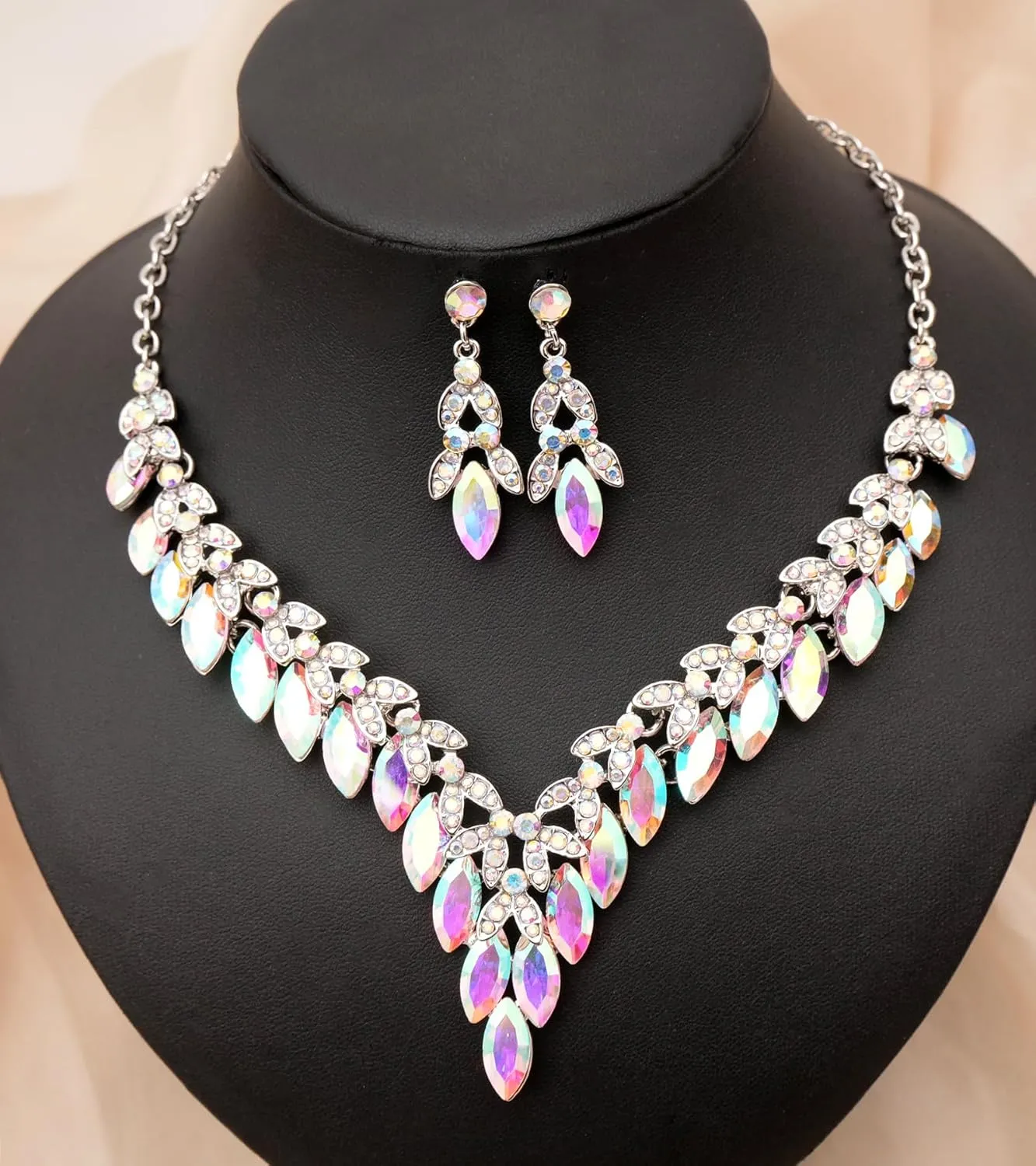 Elegant Statement Necklace Dangle Earrings Leaf Cluster Crystal Bridal Jewelry Set for Women Brides Wedding Party Prom Costume Accessory #NE001