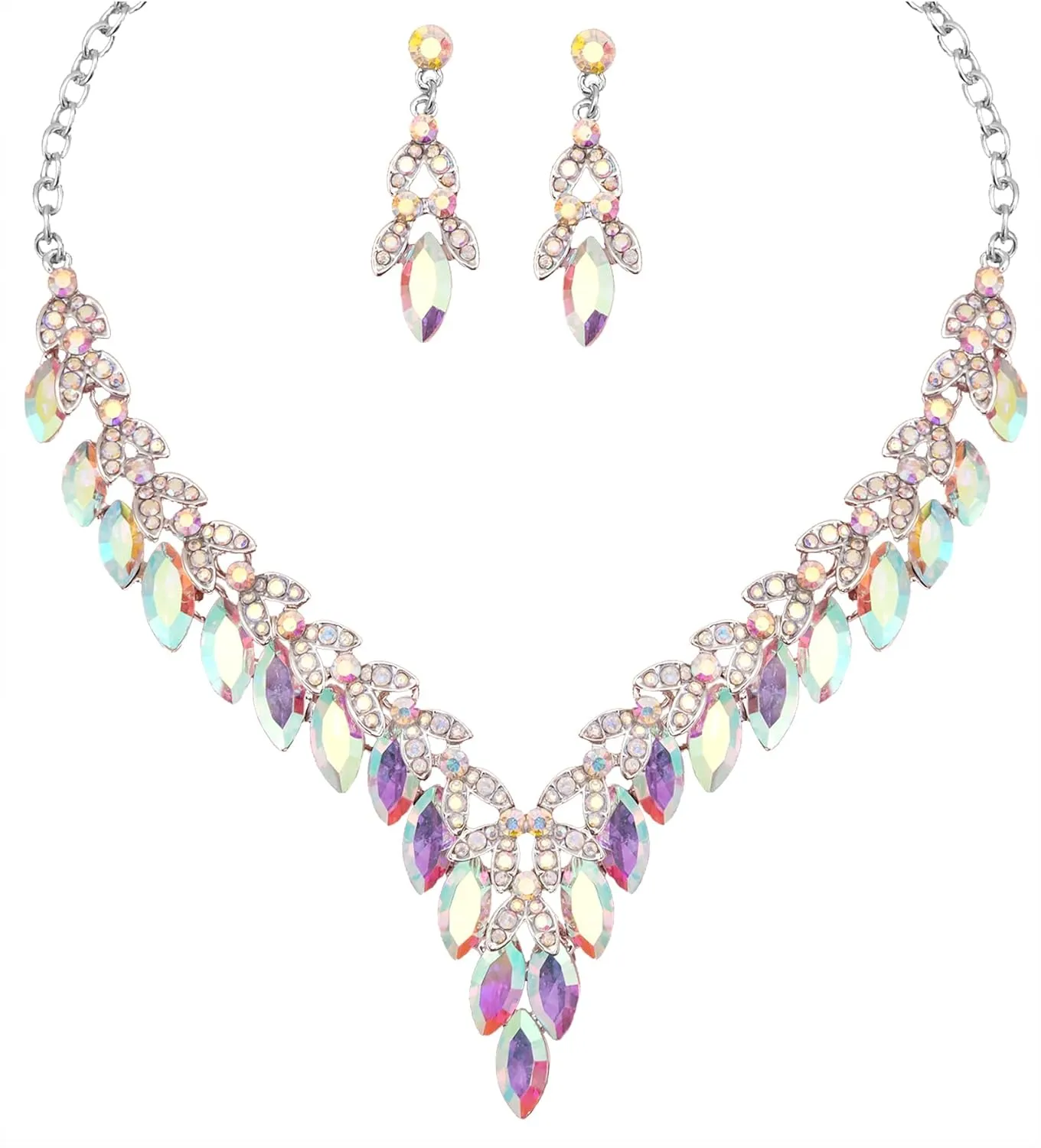 Elegant Statement Necklace Dangle Earrings Leaf Cluster Crystal Bridal Jewelry Set for Women Brides Wedding Party Prom Costume Accessory #NE001