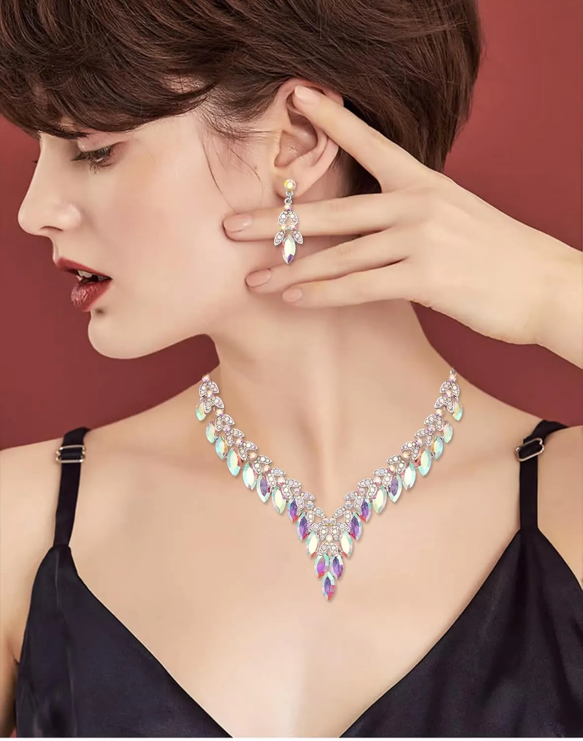 Elegant Statement Necklace Dangle Earrings Leaf Cluster Crystal Bridal Jewelry Set for Women Brides Wedding Party Prom Costume Accessory #NE001