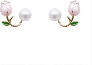 Elegant Tulip Pearl Stud Earrings Sweet Pearl Pink Flower Stud Earrings Gold Plated Oil Drop Pearl Pink Flower Earrings for Women