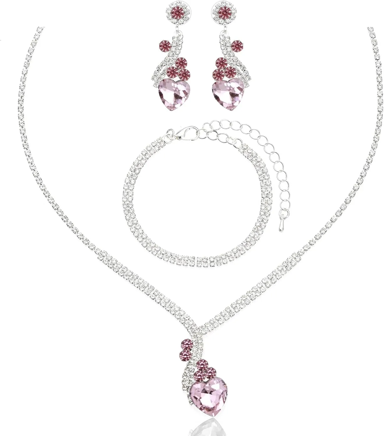 Elegant Wedding Bridal Heart-Shape Crystal Necklace Dangle Earring Bracelet Bridesmaid Prom Costume Accessories Jewelry Set for Women
