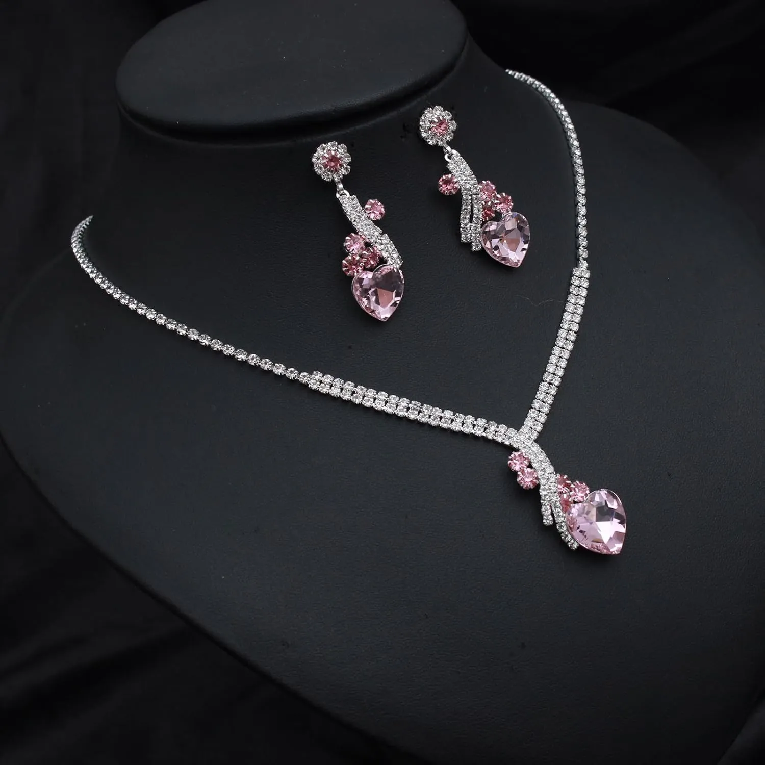 Elegant Wedding Bridal Heart-Shape Crystal Necklace Dangle Earring Bracelet Bridesmaid Prom Costume Accessories Jewelry Set for Women