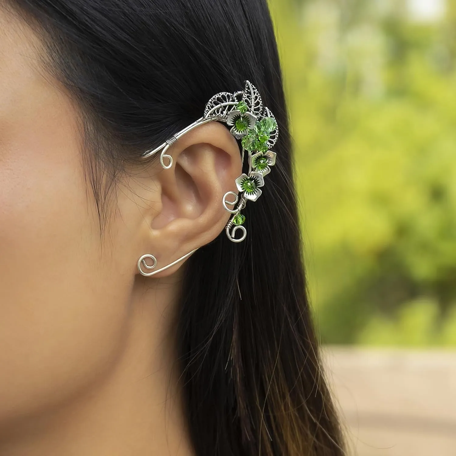 Elf Ear Cuff Earrings for Women Beaded Boho Flower Leaves Ear Cuffs Fairy Wrap Clip Earrings Non Pierced Ear Climber Earrings Gothic Earrings for Halloween Costume Cosplay Accessories