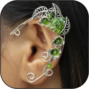 Elf Ear Cuff Earrings for Women Beaded Boho Flower Leaves Ear Cuffs Fairy Wrap Clip Earrings Non Pierced Ear Climber Earrings Gothic Earrings for Halloween Costume Cosplay Accessories