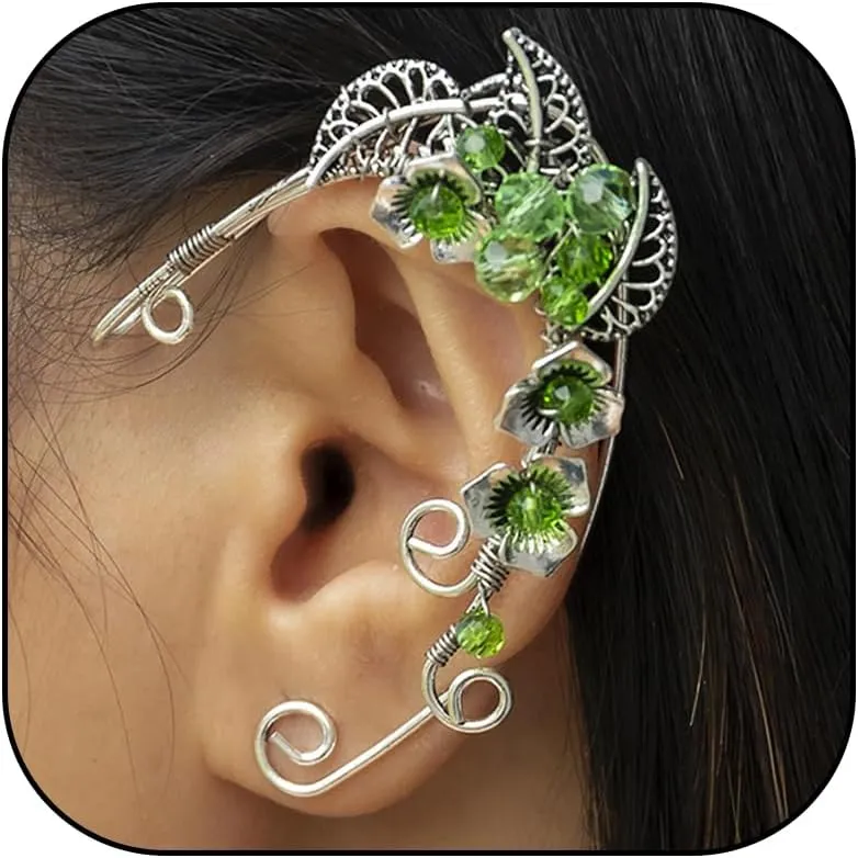 Elf Ear Cuff Earrings for Women Beaded Boho Flower Leaves Ear Cuffs Fairy Wrap Clip Earrings Non Pierced Ear Climber Earrings Gothic Earrings for Halloween Costume Cosplay Accessories