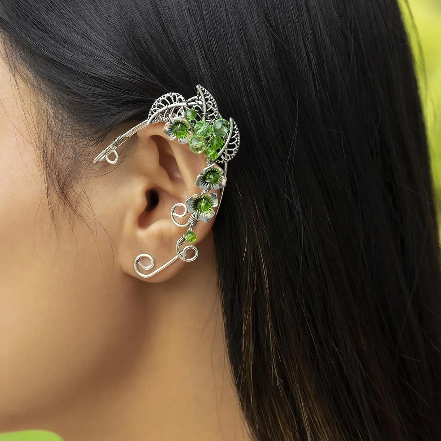 Elf Ear Cuff Earrings for Women Beaded Boho Flower Leaves Ear Cuffs Fairy Wrap Clip Earrings Non Pierced Ear Climber Earrings Gothic Earrings for Halloween Costume Cosplay Accessories