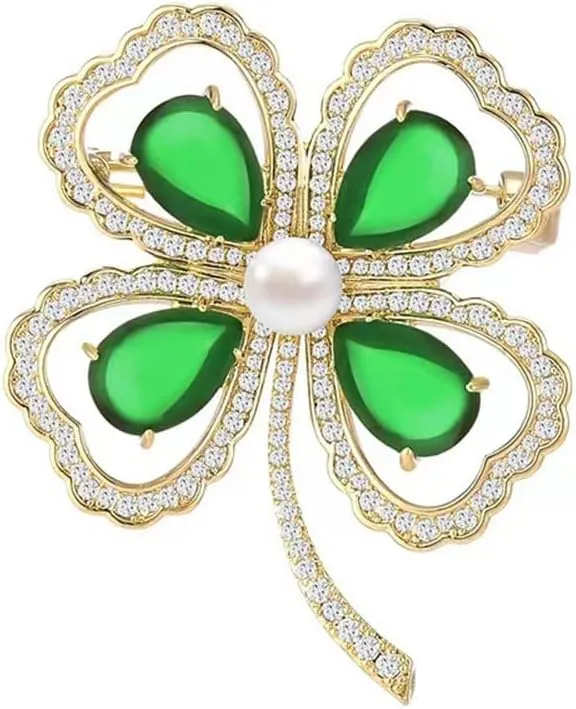 Emerald Four Leaf Clover Brooch Pin for Women St. Patrick's Day Pearl Lucky Leaves Lapel Pins Rhinestone Clover Leaves Brooches Irish Party Statement Decorations Jewelry