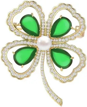Emerald Four Leaf Clover Brooch Pin for Women St. Patrick's Day Pearl Lucky Leaves Lapel Pins Rhinestone Clover Leaves Brooches Irish Party Statement Decorations Jewelry