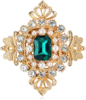 Emerald Green Rhinestone Cross Flower Brooch Pin for Women Girls Austrian Crystal Faux Pearl Floral Lapel Pins Clip Dress Suit Dance Banquet Clothes Accessories Brooches Pins Vintage 14k Gold Plated Palace Style Jewelry Gifts