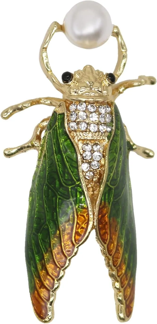 Enamel Crystal Pearl Cicada Brooch Pin Fahsion Gold Plated Rhinestone Insect Lapel Pins Brooches Scarf for Women Girl Jewelry Gift (Cicada Brooch)
