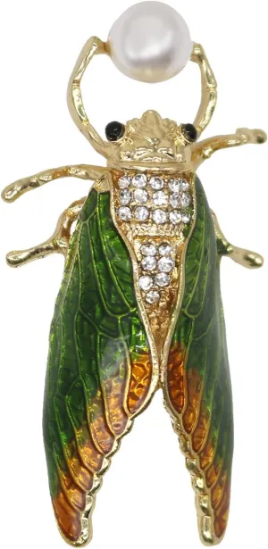 Enamel Crystal Pearl Cicada Brooch Pin Fahsion Gold Plated Rhinestone Insect Lapel Pins Brooches Scarf for Women Girl Jewelry Gift (Cicada Brooch)