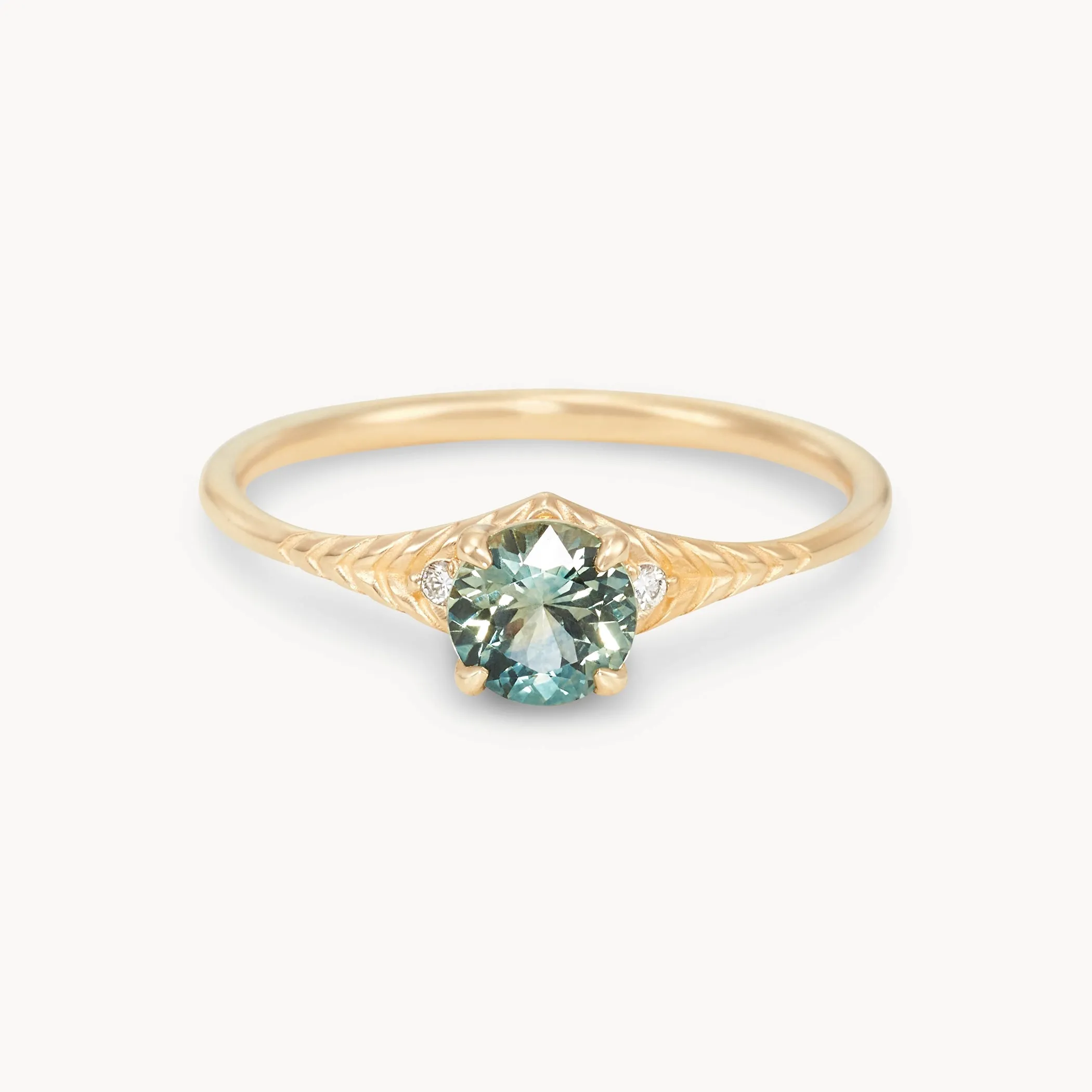 enchanting gaze one-of-a-kind ring - 14k yellow gold ring, bi-colored cyan and sage round cut sapphire
