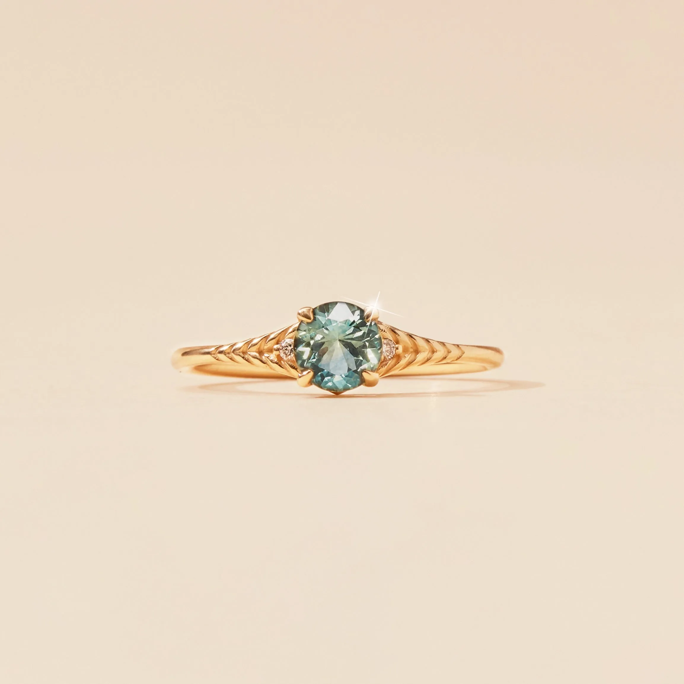 enchanting gaze one-of-a-kind ring - 14k yellow gold ring, bi-colored cyan and sage round cut sapphire