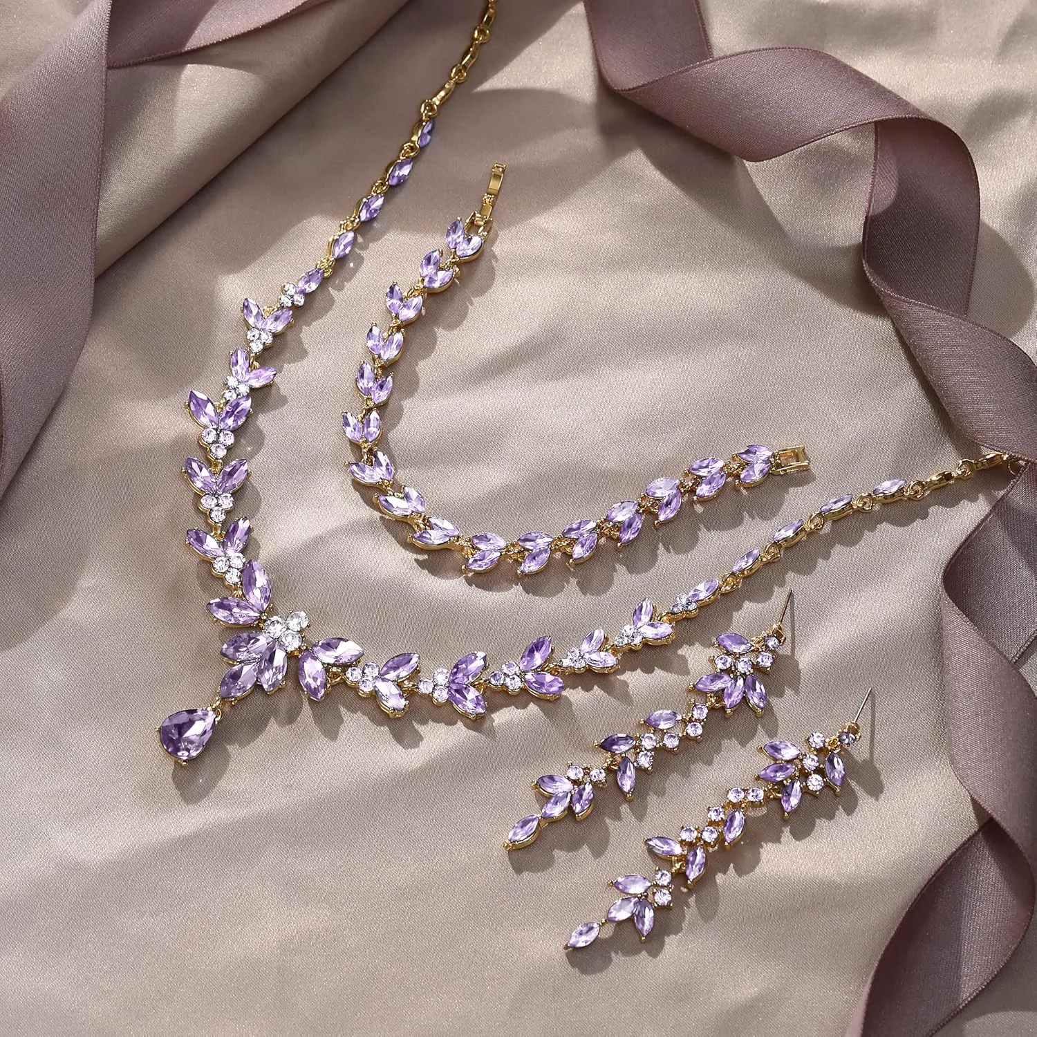 EVER FAITH Austrian Crystal Bridal Bridesmaid Jewelry Sets, Elegant Marquise Rhinestone Leaf Necklace Dangle Earrings Tennis Bracelet Set for Women