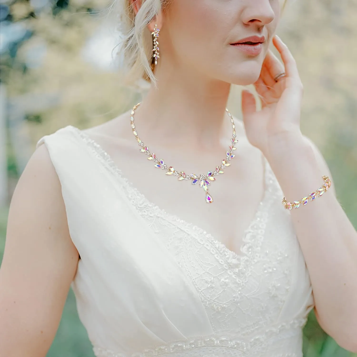 EVER FAITH Austrian Crystal Bridal Bridesmaid Jewelry Sets, Elegant Marquise Rhinestone Leaf Necklace Dangle Earrings Tennis Bracelet Set for Women