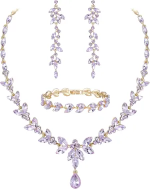 EVER FAITH Austrian Crystal Bridal Bridesmaid Jewelry Sets, Elegant Marquise Rhinestone Leaf Necklace Dangle Earrings Tennis Bracelet Set for Women