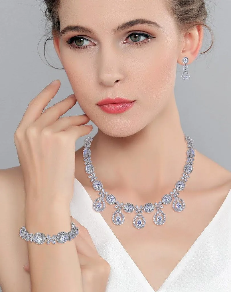 EVER FAITH Elegant Wedding Jewelry CZ Floral Leaves Water Drop Bridal Prom Necklace Earrings Bracelet Set for Women Bride