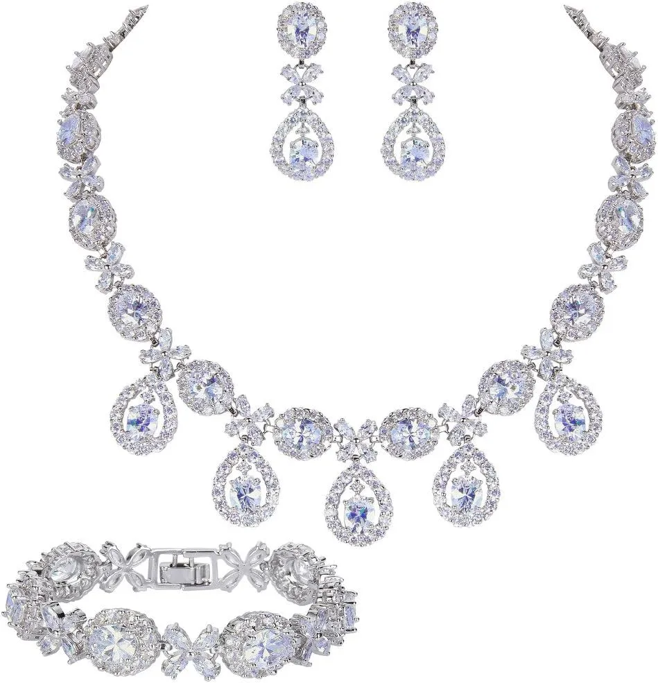 EVER FAITH Elegant Wedding Jewelry CZ Floral Leaves Water Drop Bridal Prom Necklace Earrings Bracelet Set for Women Bride