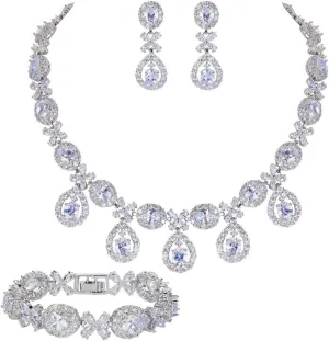 EVER FAITH Elegant Wedding Jewelry CZ Floral Leaves Water Drop Bridal Prom Necklace Earrings Bracelet Set for Women Bride