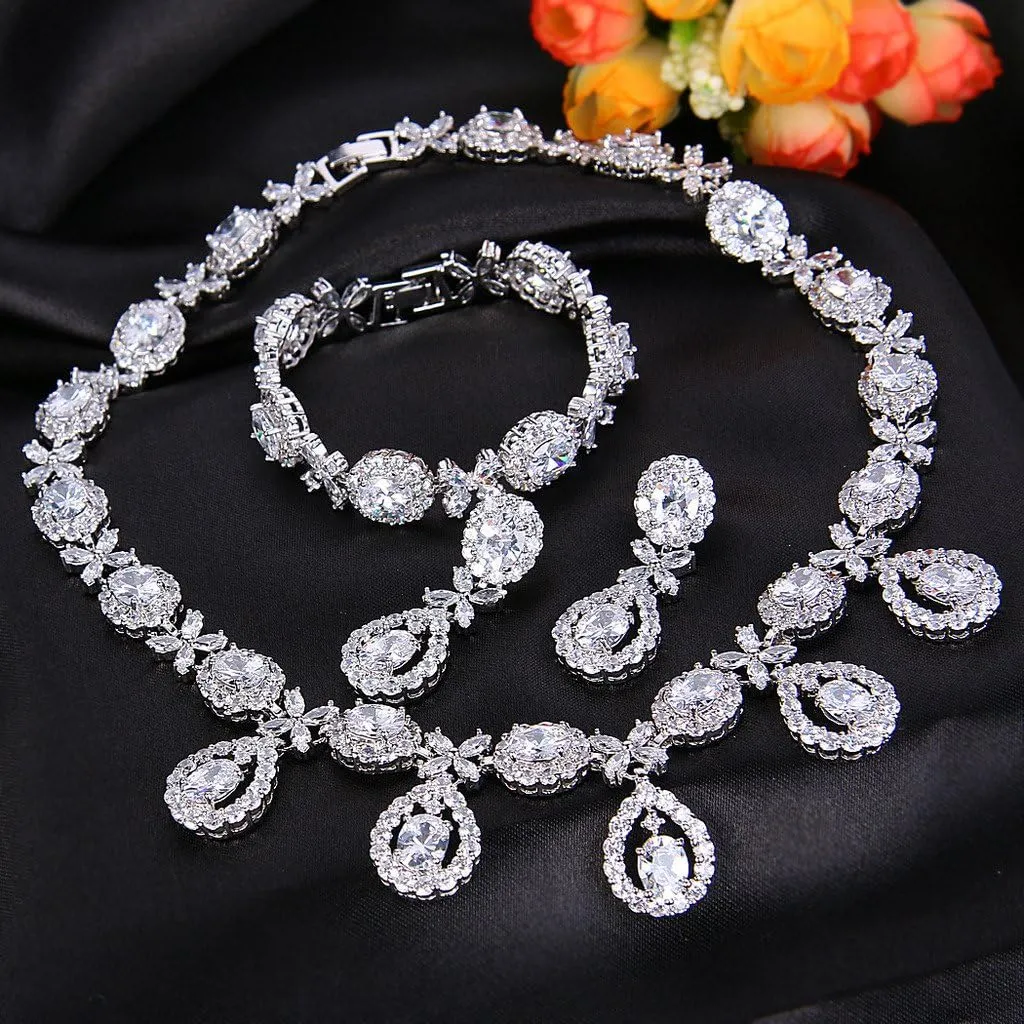 EVER FAITH Elegant Wedding Jewelry CZ Floral Leaves Water Drop Bridal Prom Necklace Earrings Bracelet Set for Women Bride