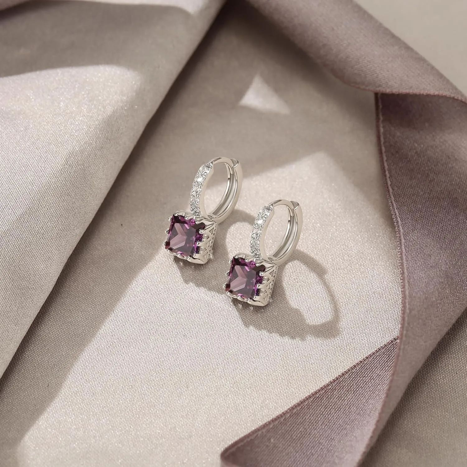 EVER FAITH Fashion Dainty 5 Cubic Zirconia Huggie Hoop Earrings for Women, Elegant Casual Tiny BirthStone CZ Square Cut Stud Earring