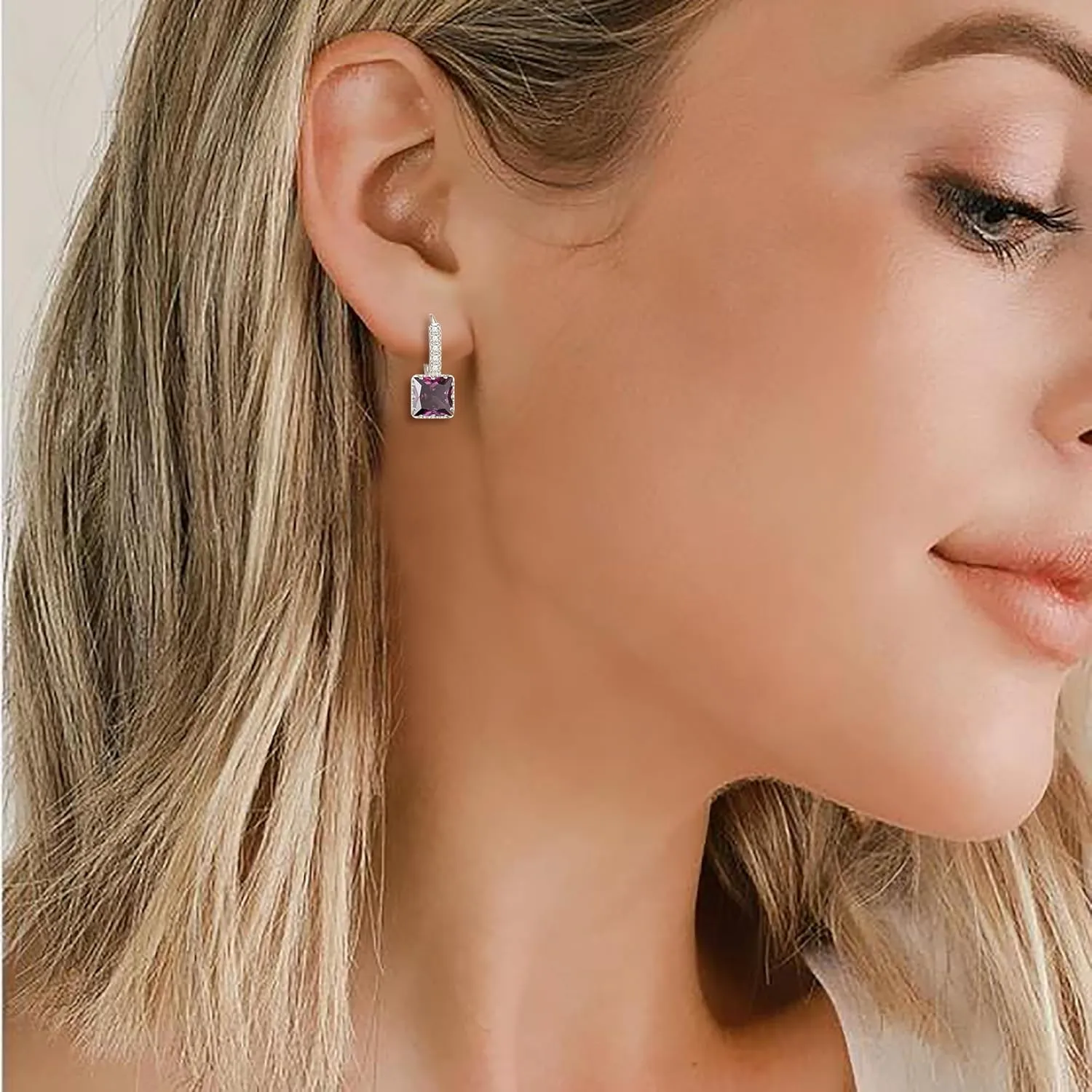 EVER FAITH Fashion Dainty 5 Cubic Zirconia Huggie Hoop Earrings for Women, Elegant Casual Tiny BirthStone CZ Square Cut Stud Earring