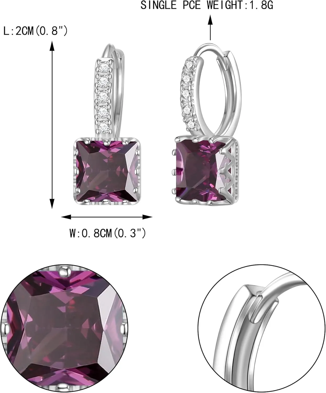 EVER FAITH Fashion Dainty 5 Cubic Zirconia Huggie Hoop Earrings for Women, Elegant Casual Tiny BirthStone CZ Square Cut Stud Earring