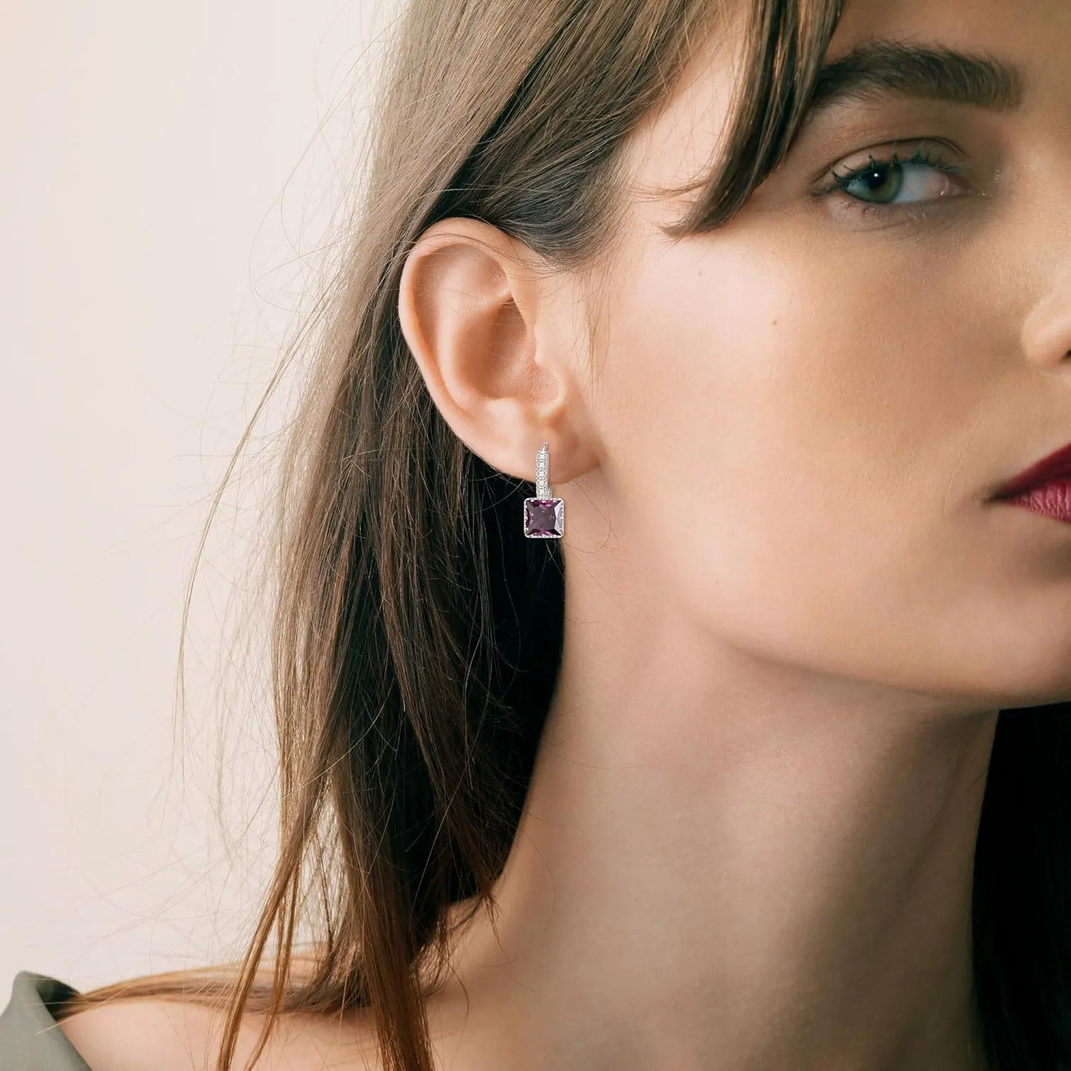 EVER FAITH Fashion Dainty 5 Cubic Zirconia Huggie Hoop Earrings for Women, Elegant Casual Tiny BirthStone CZ Square Cut Stud Earring