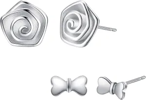 EVER FAITH Sterling Silver 2 Pairs Women's Elegant Rose Flower Cute Bowknot Daily Basic Jewelry Prom Stud Earrings Set