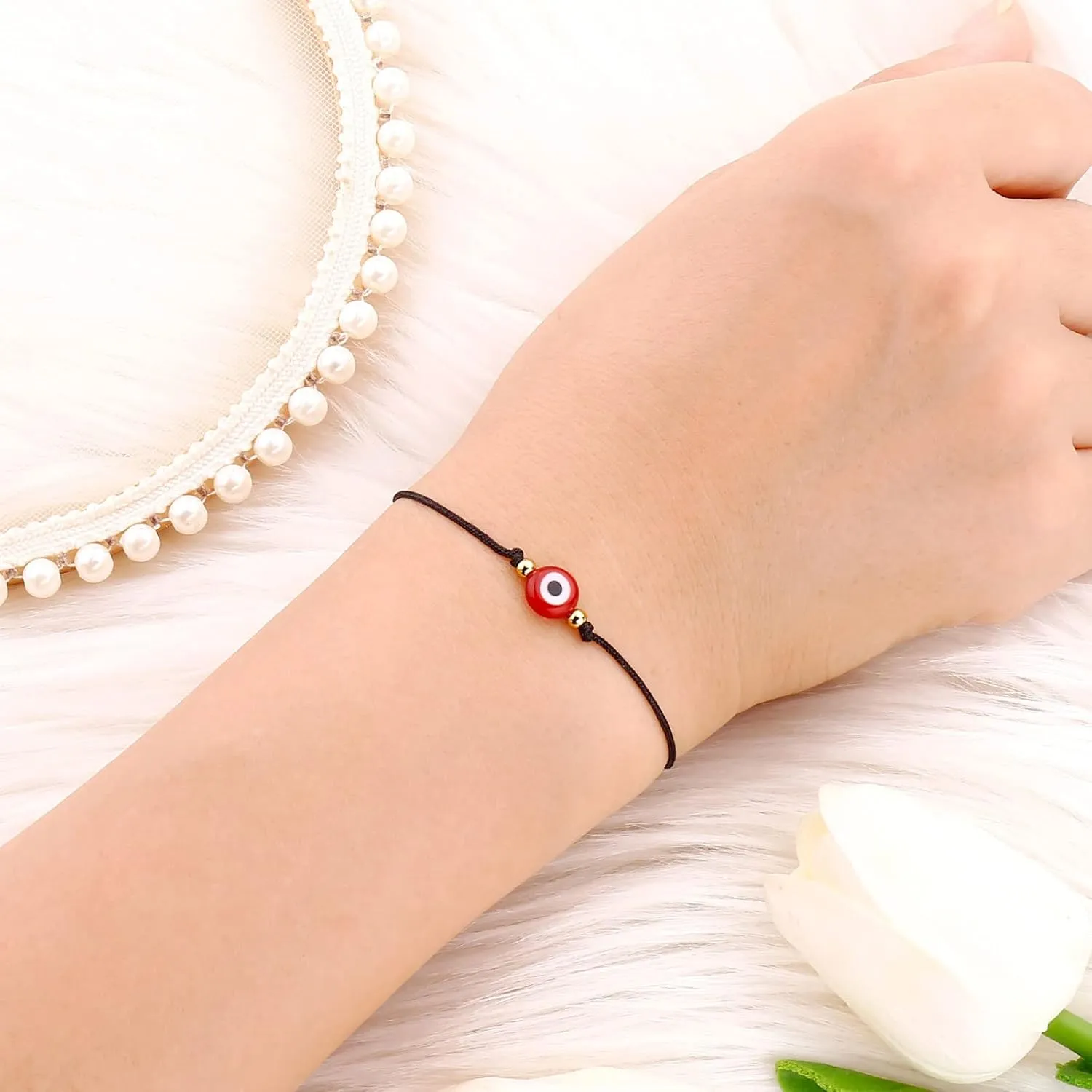 Evil Eye Bracelet Anklet Black Red String Lucky Protection Handmade Adjustable Bracelets for Women Men Boys Girls (Black string red eye gold)