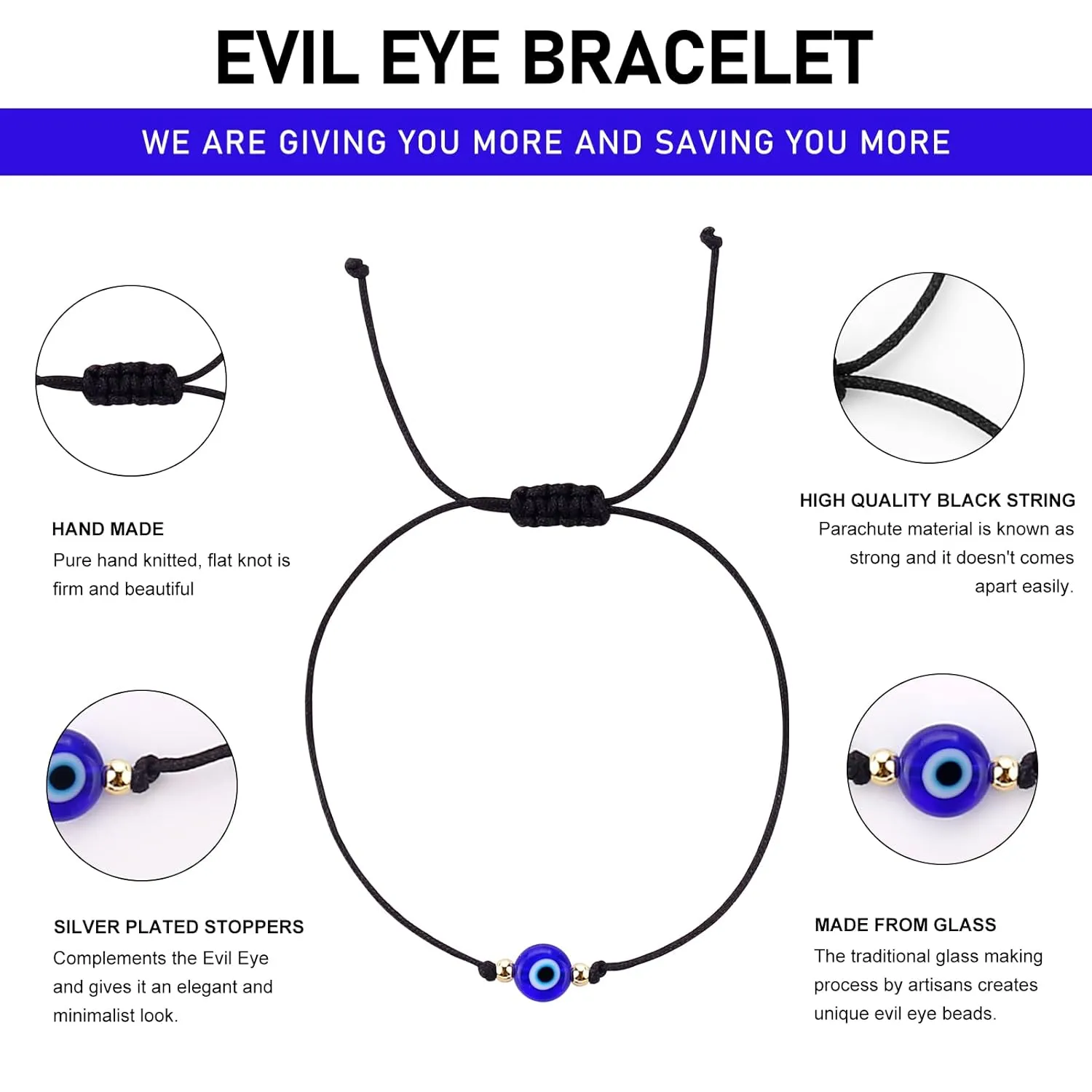 Evil Eye Bracelet Anklet Black Red String Lucky Protection Handmade Adjustable Bracelets for Women Men Teens (Black string blue eye gold)