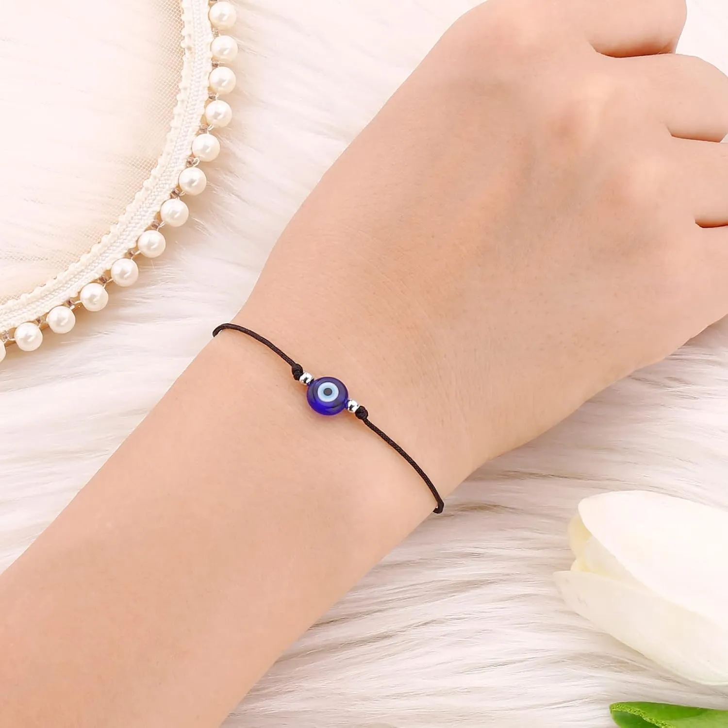 Evil Eye Bracelet Anklet Black Red String Lucky Protection Handmade Adjustable Bracelets for Women Men Teens (Black string blue eye silver)