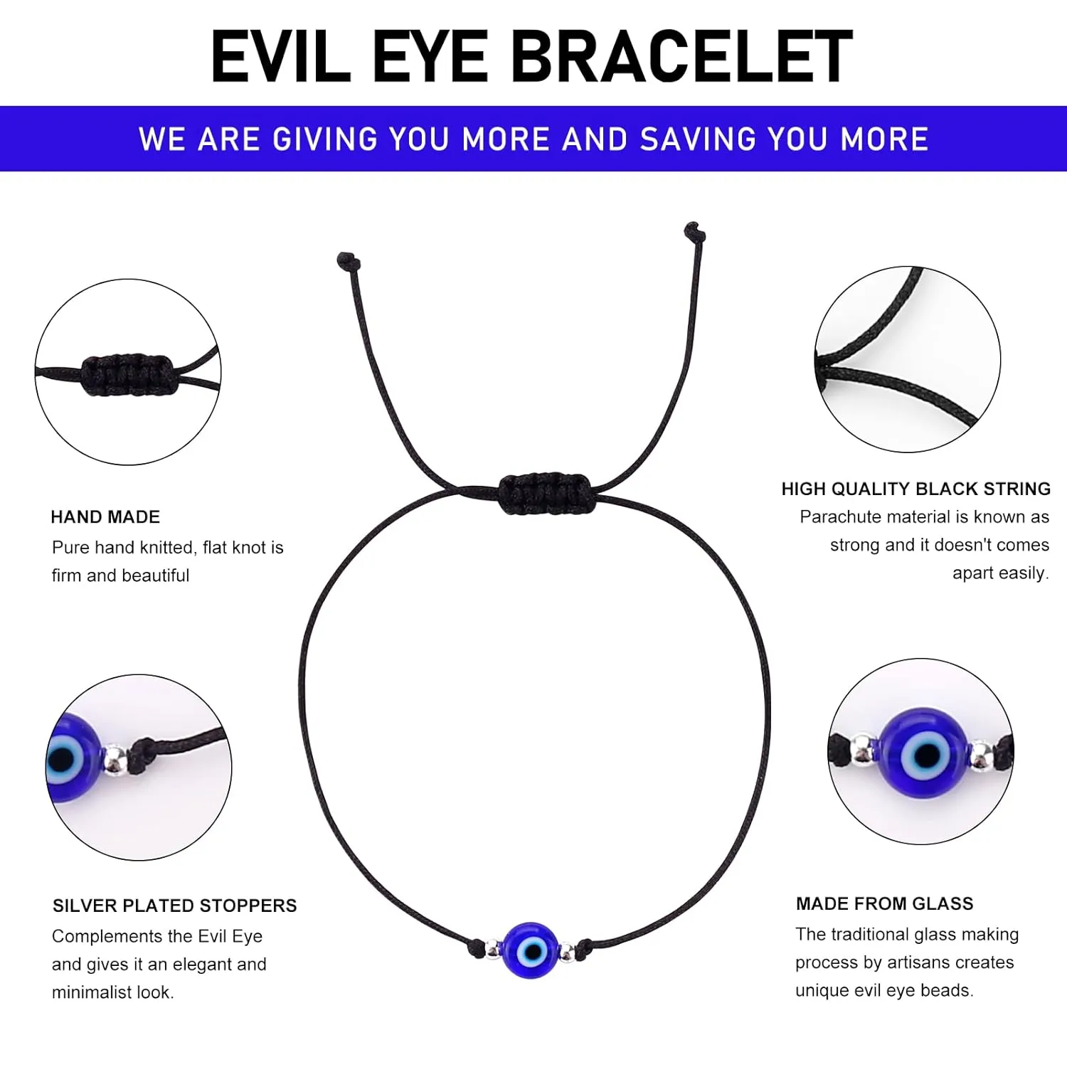 Evil Eye Bracelet Anklet Black Red String Lucky Protection Handmade Adjustable Bracelets for Women Men Teens (Black string blue eye silver)