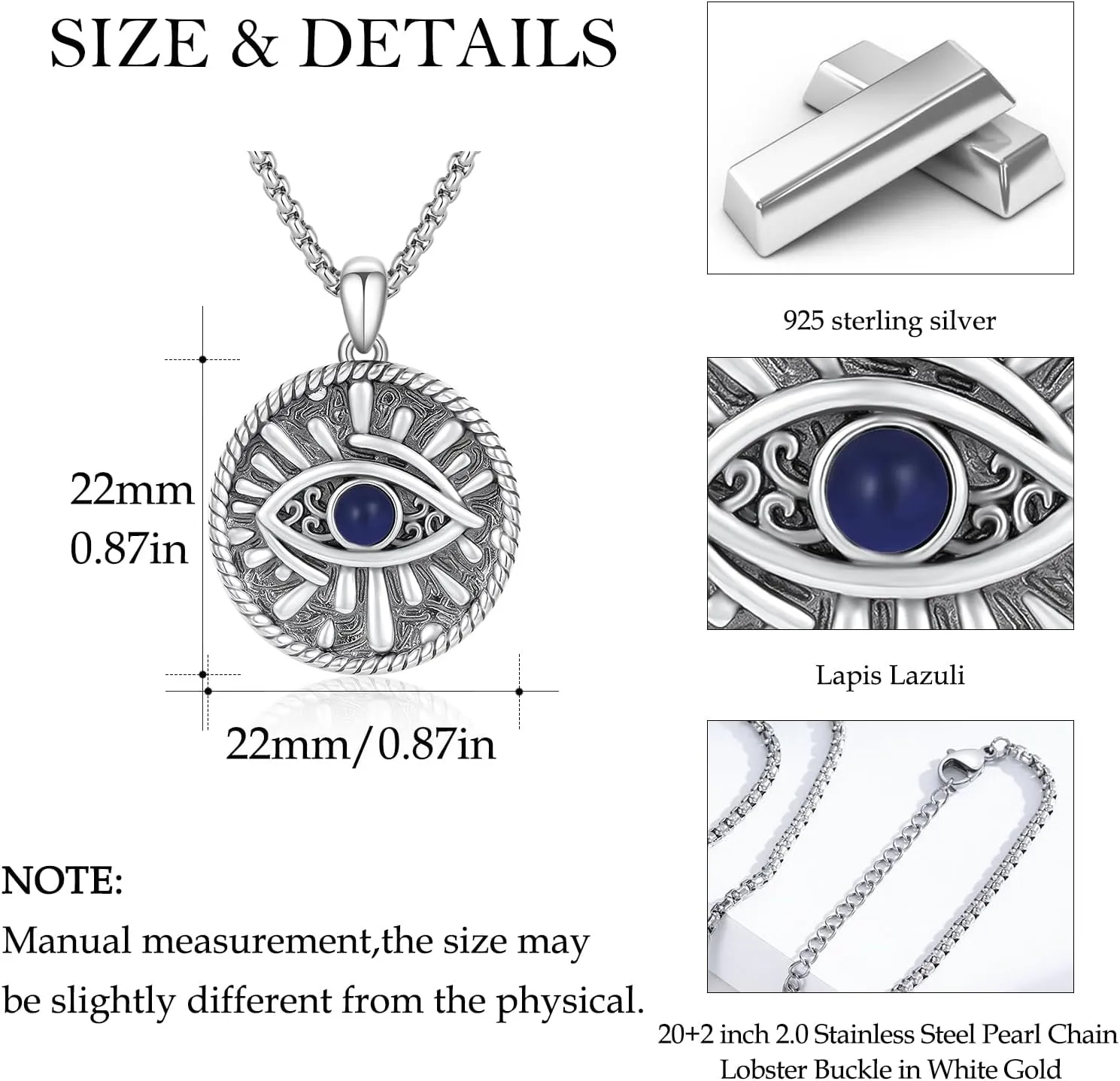 Evil Eye Necklace 925 Sterling Silver Blue Evil Eyes Pendant Protection Charm Necklaces with Stainless Steel Chain Jewelry Gifts for Men Women