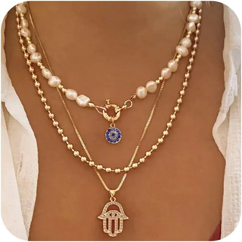 Evil Eye Necklace for Women Rhinestone Evil Eye Pendant Necklace Layered Gold Pearl Neck Chain Evil Eye Lucky Protection Jewelry Gift for Her