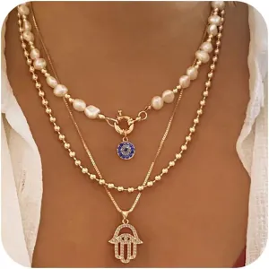Evil Eye Necklace for Women Rhinestone Evil Eye Pendant Necklace Layered Gold Pearl Neck Chain Evil Eye Lucky Protection Jewelry Gift for Her