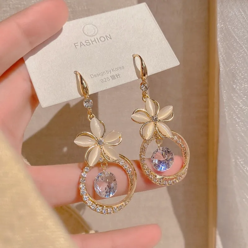 Exquisite Opal Flower Earrings Rhinestone Long Tassel Zircon Earrings